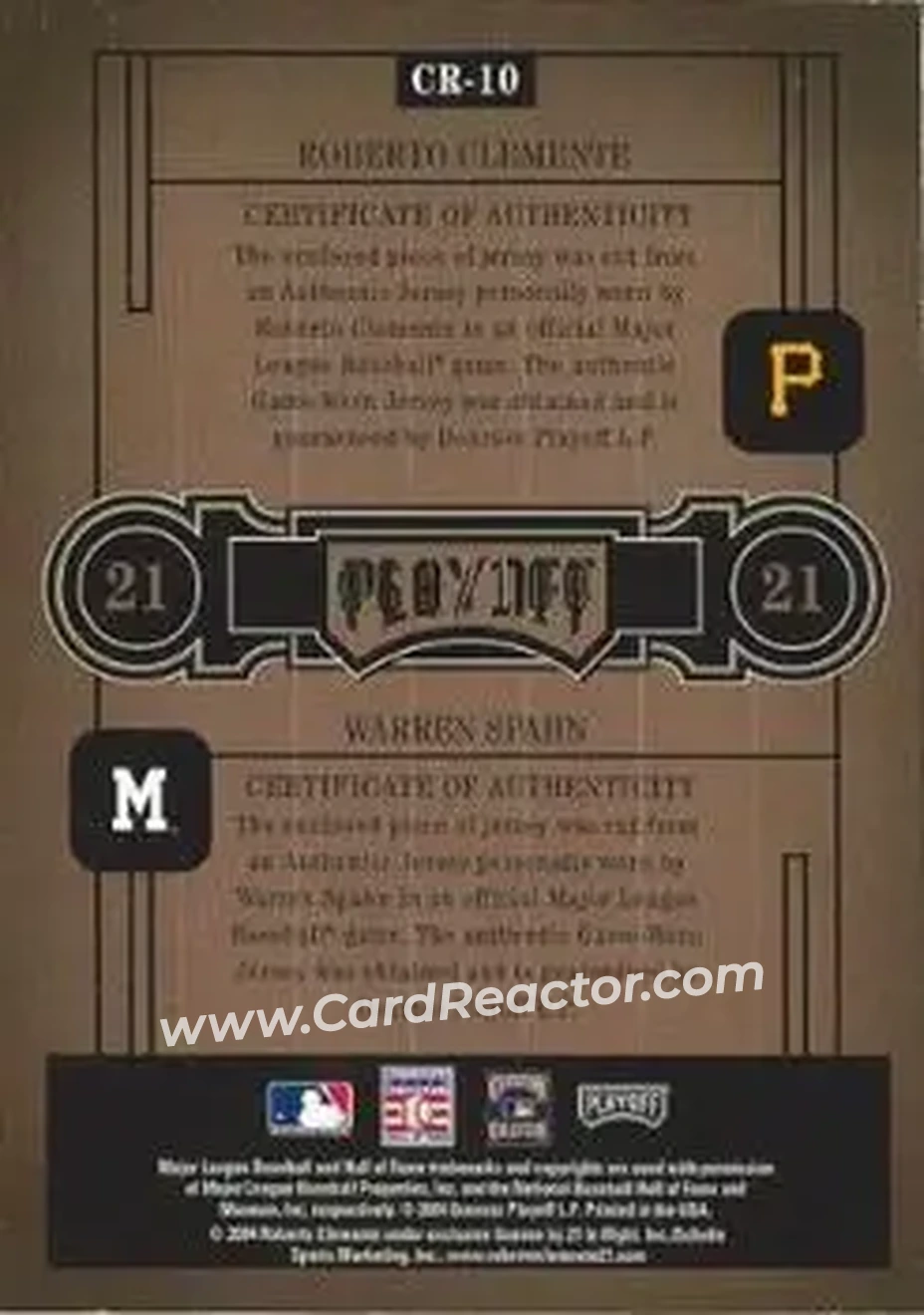 2004 Playoff Honors - Class Reunion Material #CR-10 - Roberto Clemente - Warren Spahn - Back