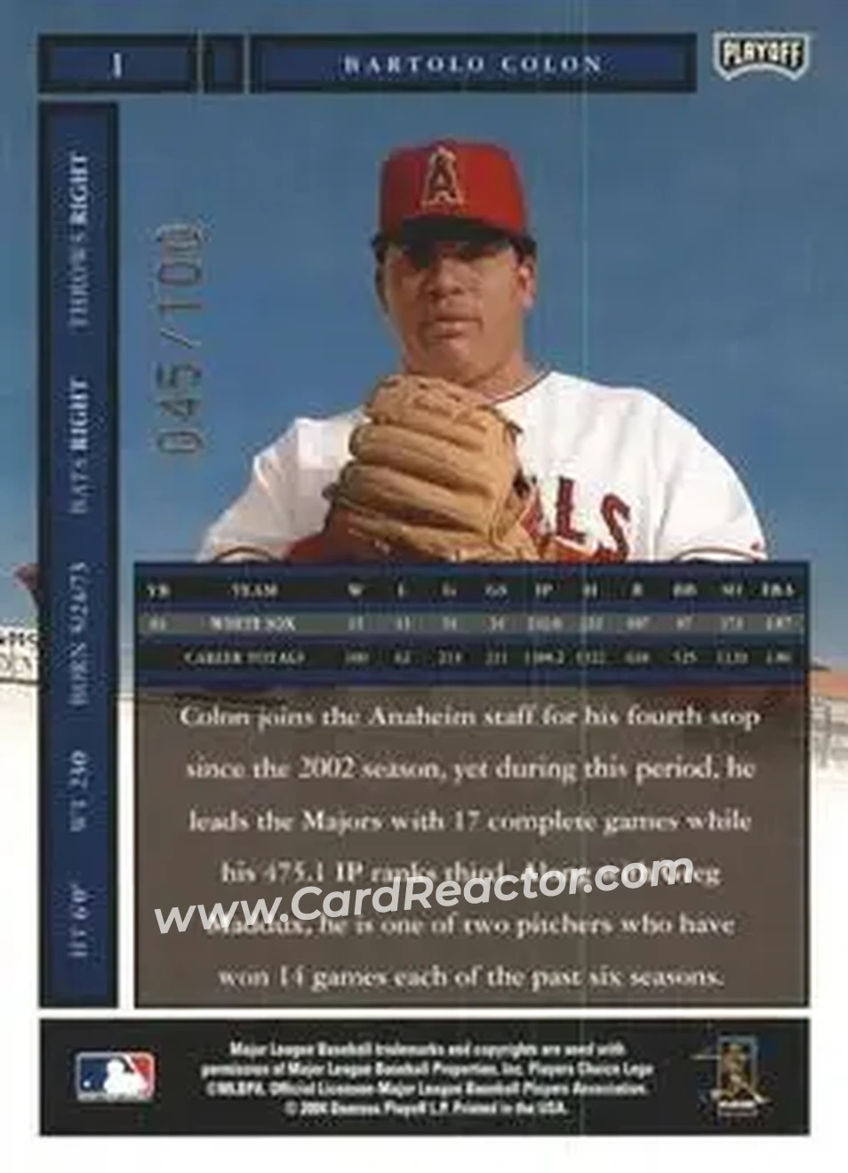 2004 Playoff Honors - Credits Bronze #1 - Bartolo Colon - Anaheim Angels - Back