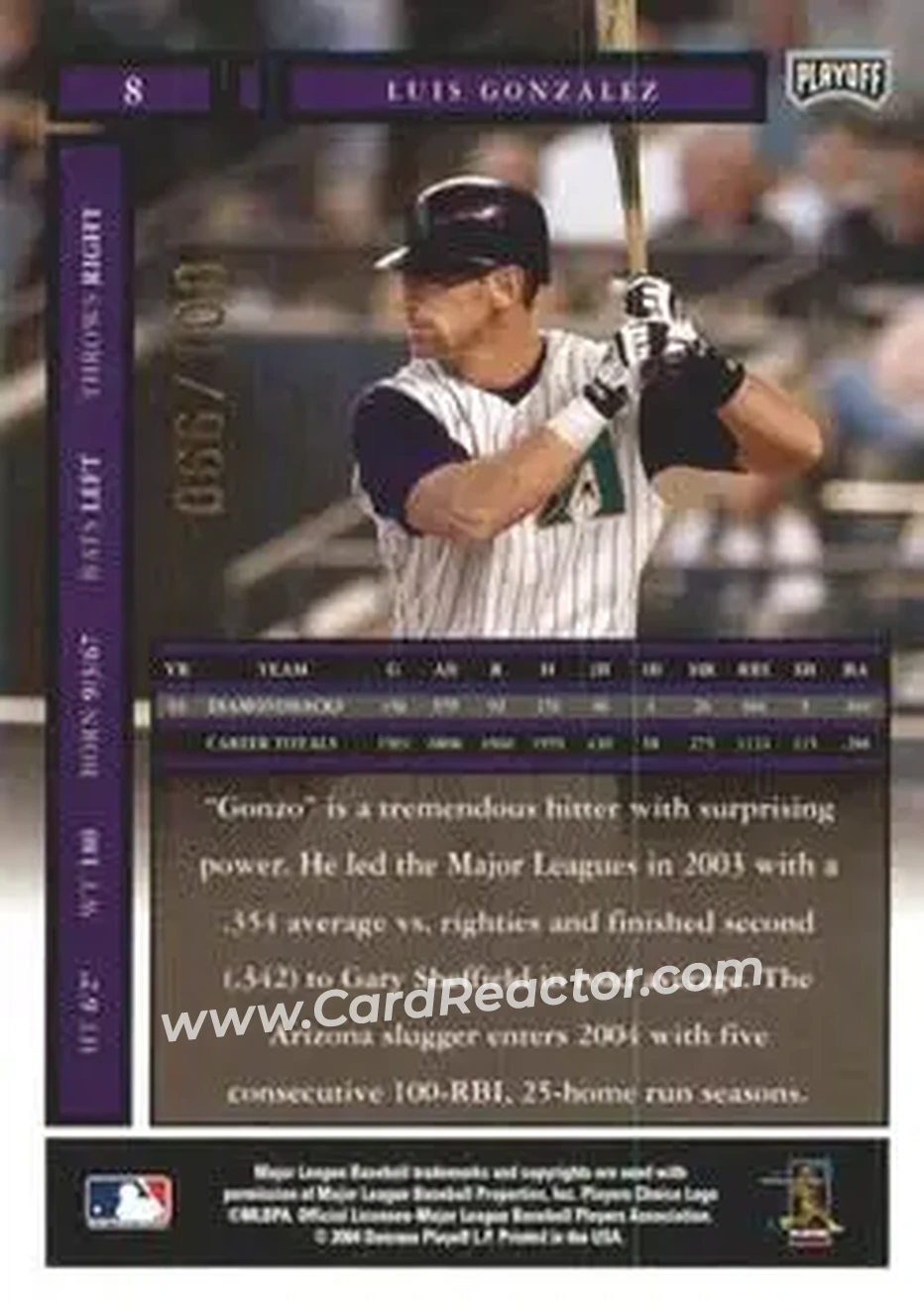 2004 Playoff Honors - Credits Bronze #8 - Luis Gonzalez - Arizona Diamondbacks - Back