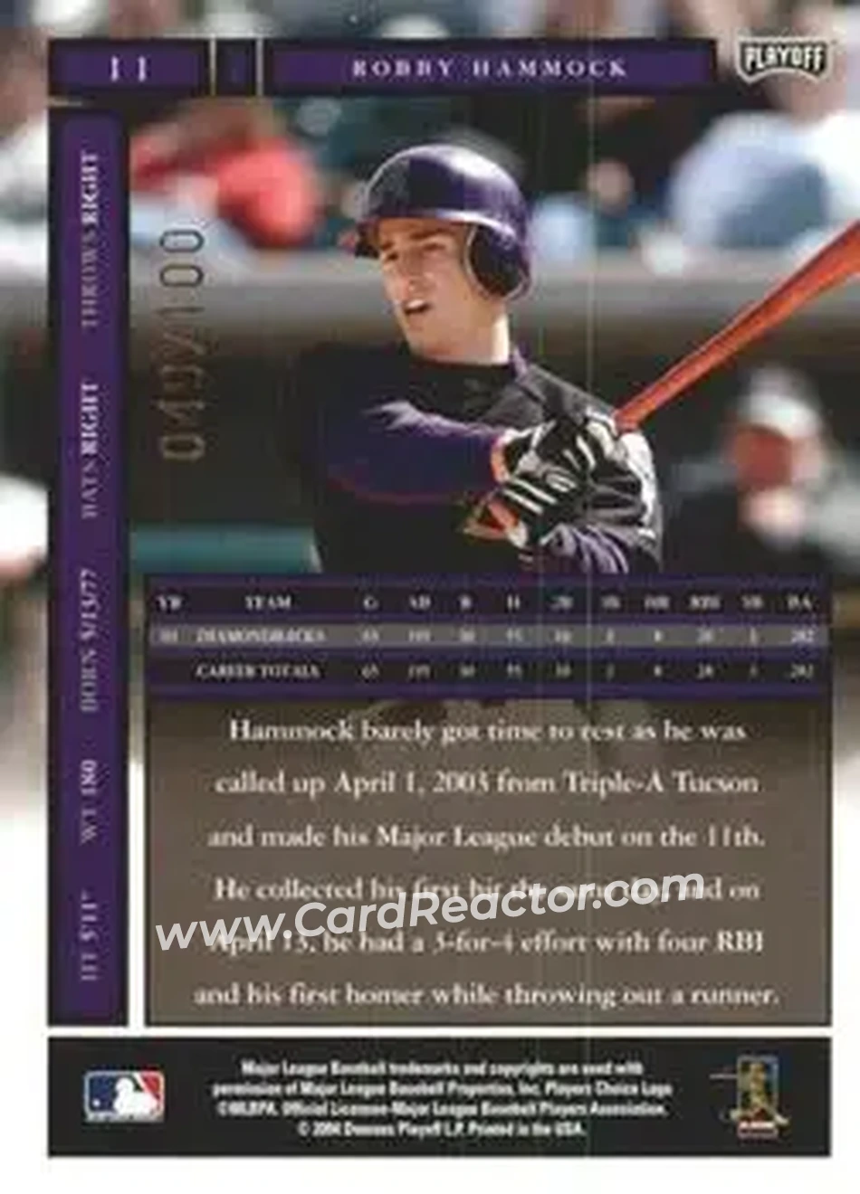 2004 Playoff Honors - Credits Bronze #11 - Robby Hammock - Arizona Diamondbacks - Back
