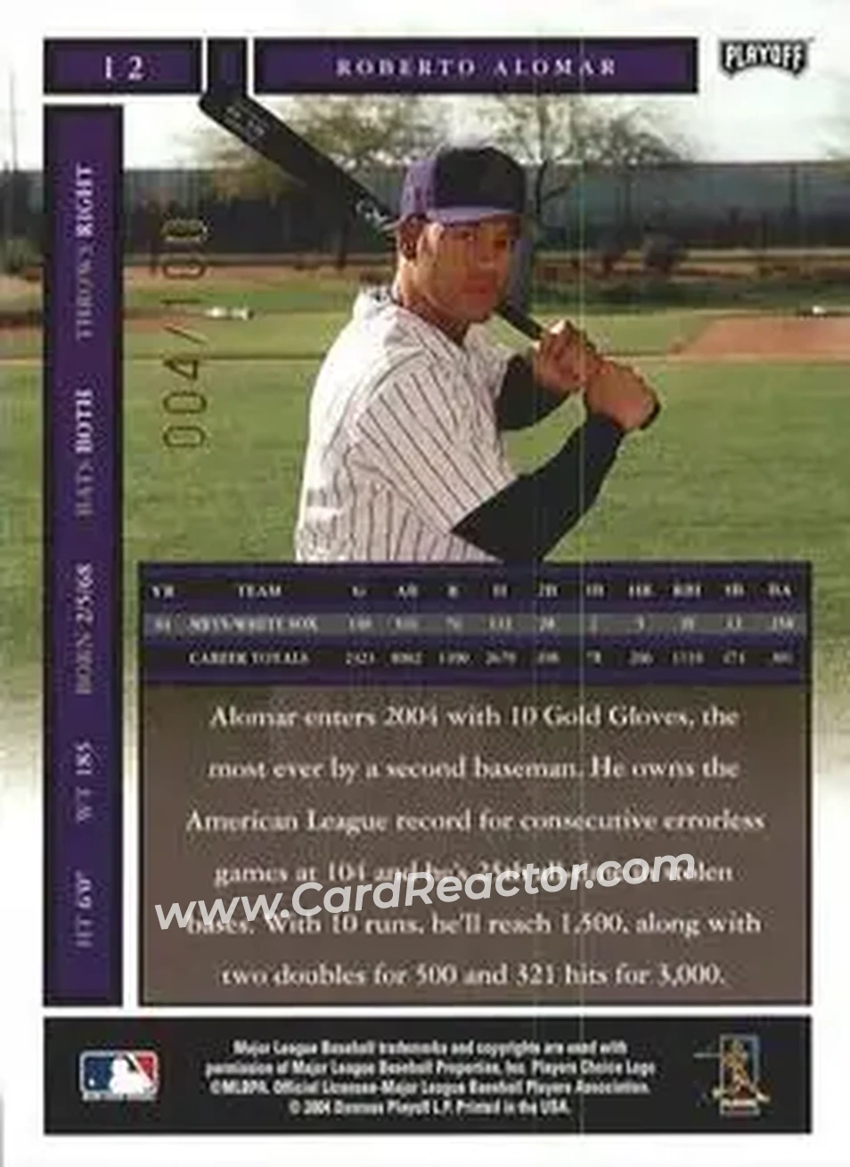 2004 Playoff Honors - Credits Bronze #12 - Roberto Alomar - Arizona Diamondbacks - Back