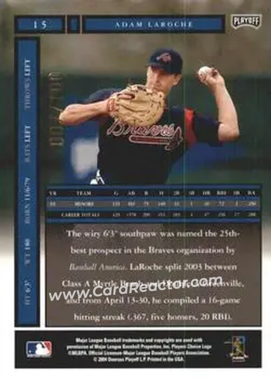 2004 Playoff Honors - Credits Bronze #15 - Adam LaRoche - Atlanta Braves - Back