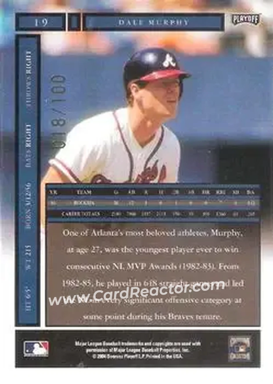 2004 Playoff Honors - Credits Bronze #19 - Dale Murphy - Atlanta Braves - Back
