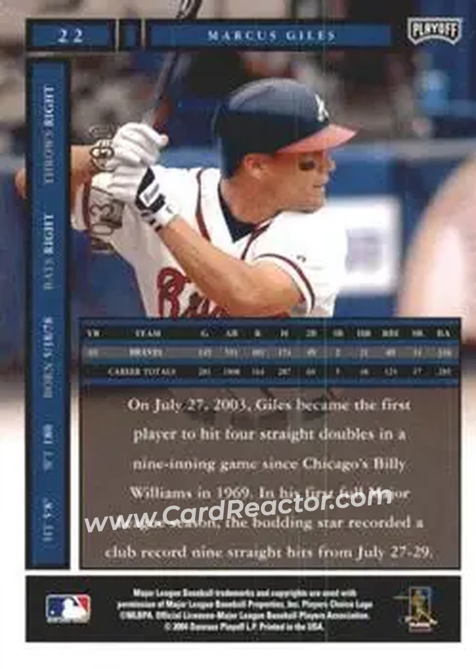 2004 Playoff Honors - Credits Bronze #22 - Marcus Giles - Atlanta Braves - Back