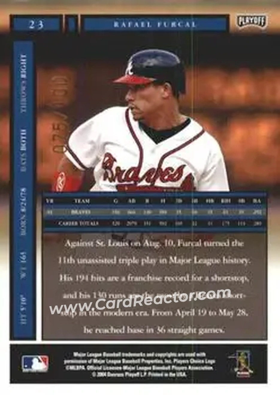 2004 Playoff Honors - Credits Bronze #23 - Rafael Furcal - Atlanta Braves - Back