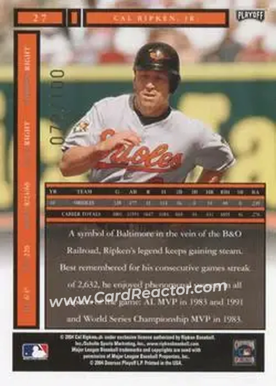 2004 Playoff Honors - Credits Bronze #27 - Cal Ripken - Baltimore Orioles - Back
