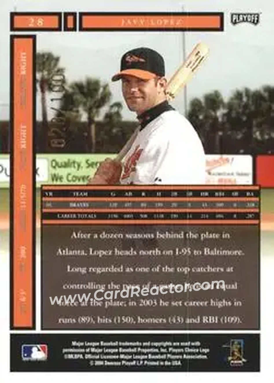2004 Playoff Honors - Credits Bronze #28 - Javier Lopez - Baltimore Orioles - Back
