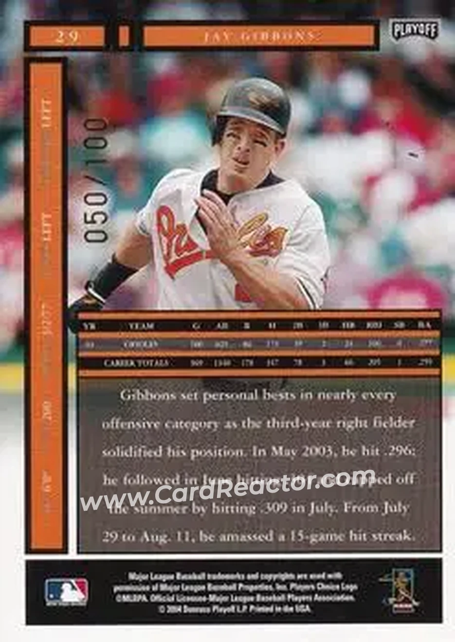 2004 Playoff Honors - Credits Bronze #29 - Jay Gibbons - Baltimore Orioles - Back