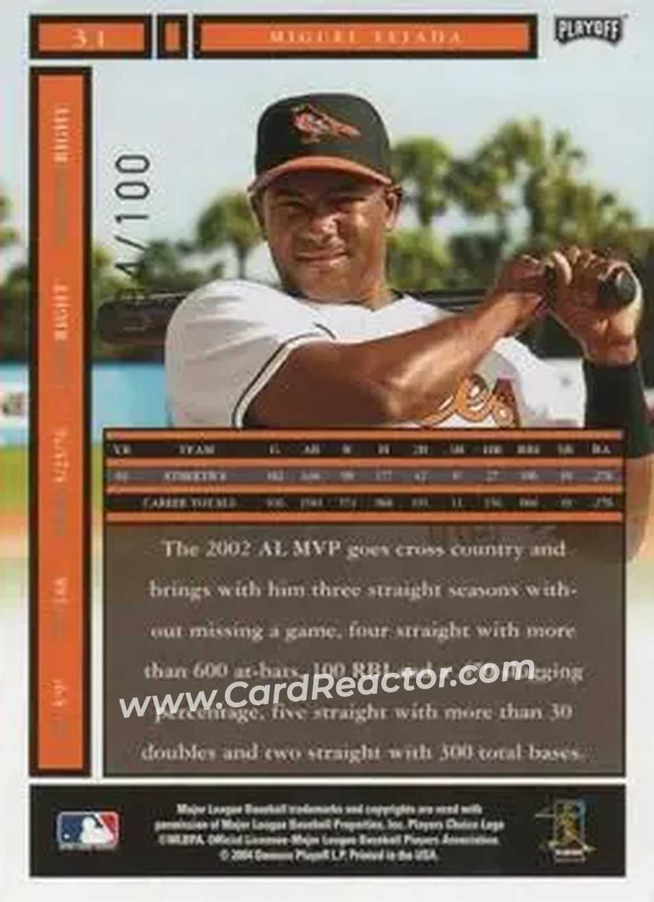 2004 Playoff Honors - Credits Bronze #31 - Miguel Tejada - Baltimore Orioles - Back