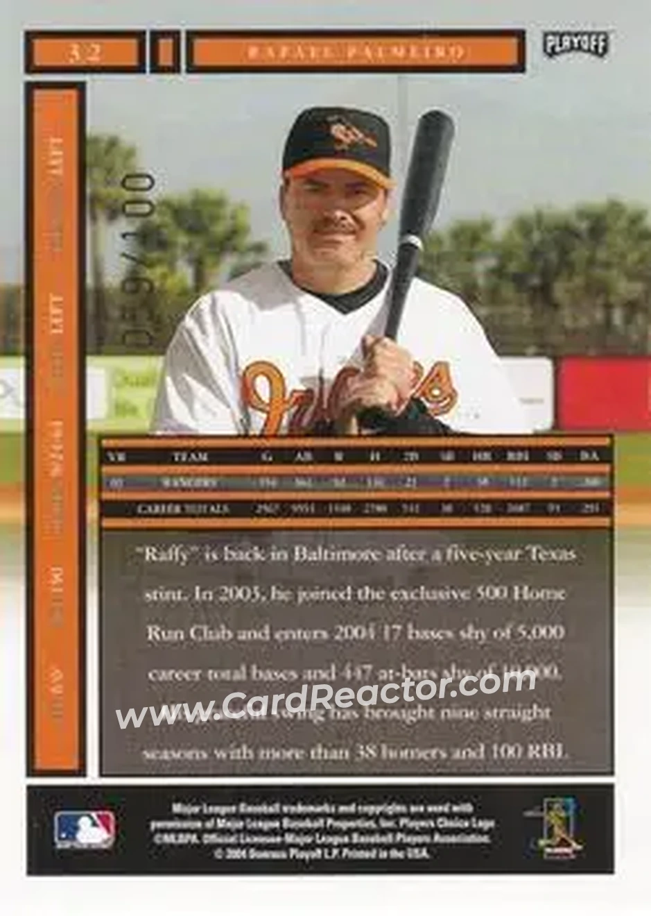 2004 Playoff Honors - Credits Bronze #32 - Rafael Palmeiro - Baltimore Orioles - Back