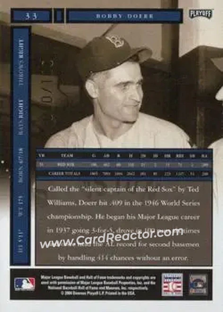 2004 Playoff Honors - Credits Bronze #33 - Bobby Doerr - Boston Red Sox - Back