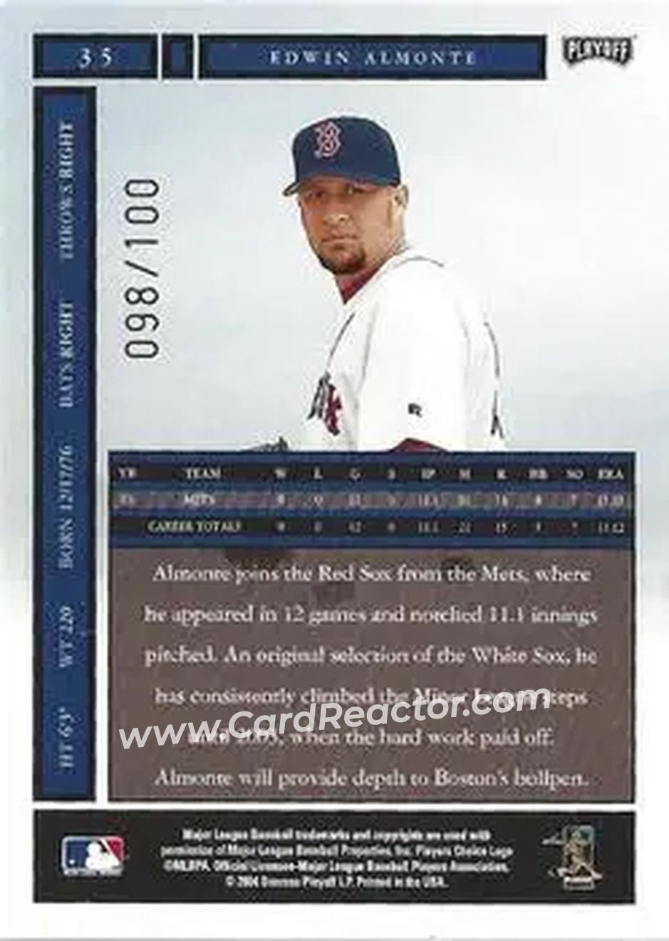 2004 Playoff Honors - Credits Bronze #35 - Edwin Almonte - Boston Red Sox - Back