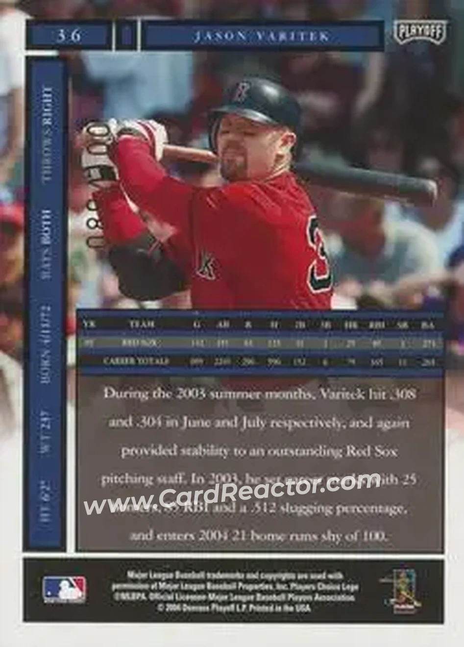2004 Playoff Honors - Credits Bronze #36 - Jason Varitek - Boston Red Sox - Back