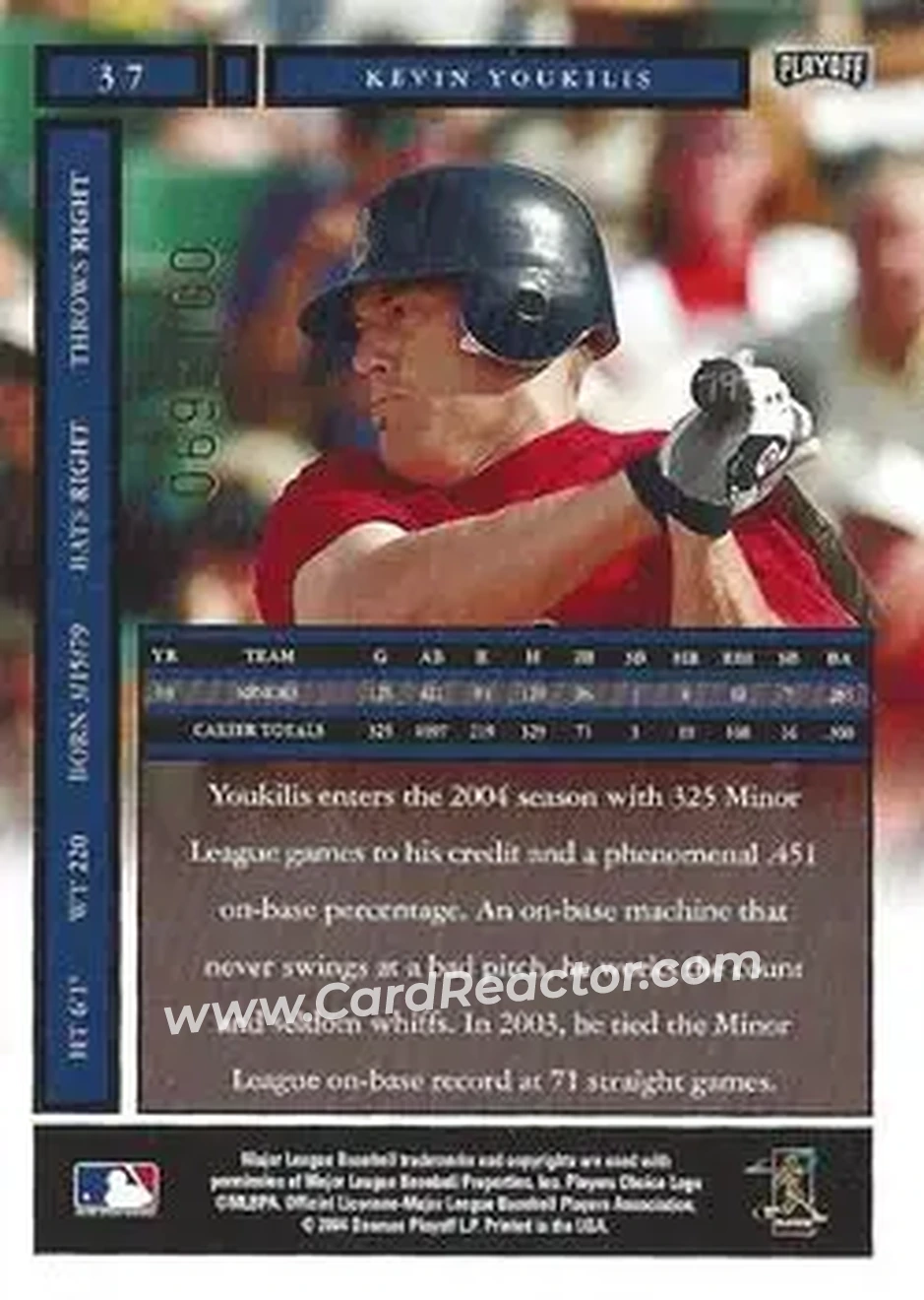 2004 Playoff Honors - Credits Bronze #37 - Kevin Youkilis - Boston Red Sox - Back