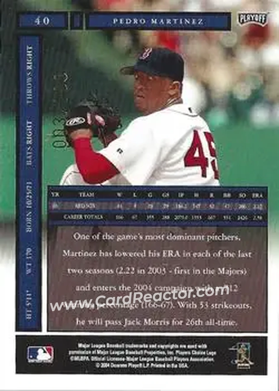2004 Playoff Honors - Credits Bronze #40 - Pedro Martinez - Boston Red Sox - Back 2004 Playoff Honors - Credits Bronze #40 - Pedro Martinez - Boston Red Sox - Back