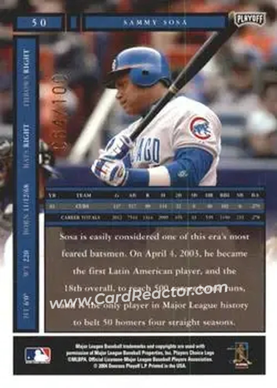2004 Playoff Honors - Credits Bronze #50 - Sammy Sosa - Chicago Cubs - Back