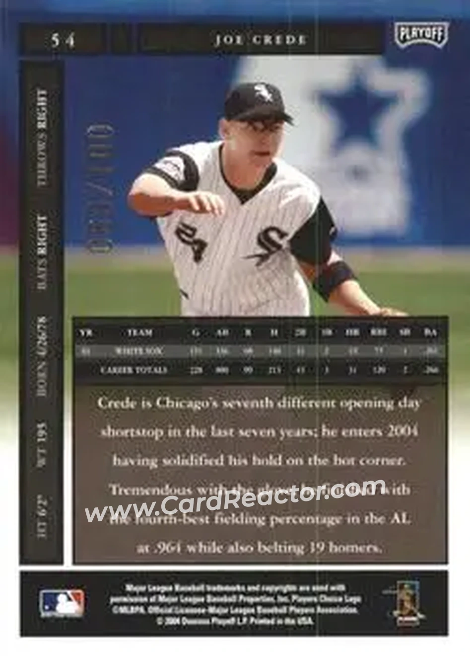 2004 Playoff Honors - Credits Bronze #54 - Joe Crede - Chicago White Sox - Back