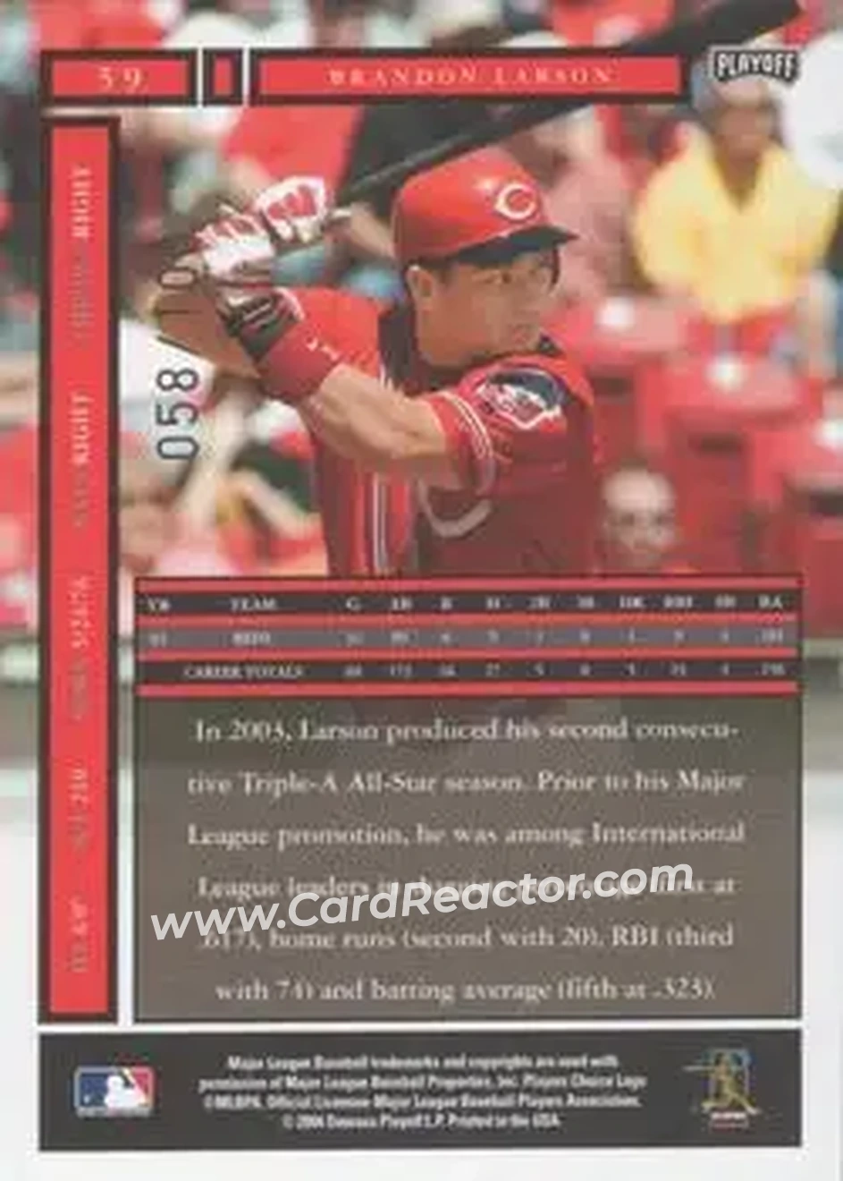 2004 Playoff Honors - Credits Bronze #59 - Brandon Larson - Cincinnati Reds - Back