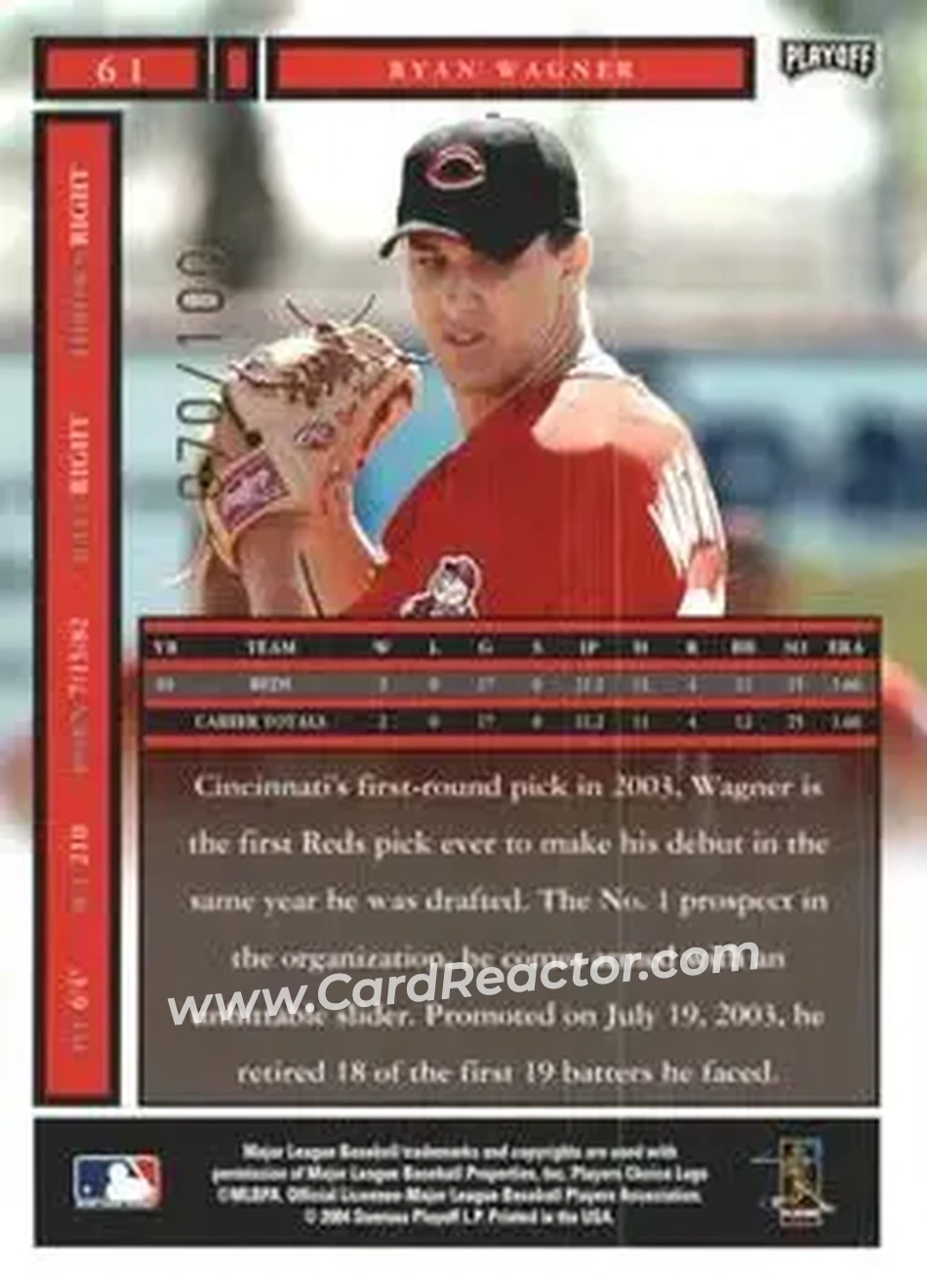 2004 Playoff Honors - Credits Bronze #61 - Ryan Wagner - Cincinnati Reds - Back