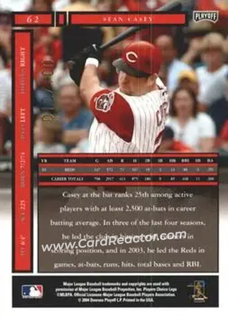 2004 Playoff Honors - Credits Bronze #62 - Sean Casey - Cincinnati Reds - Back