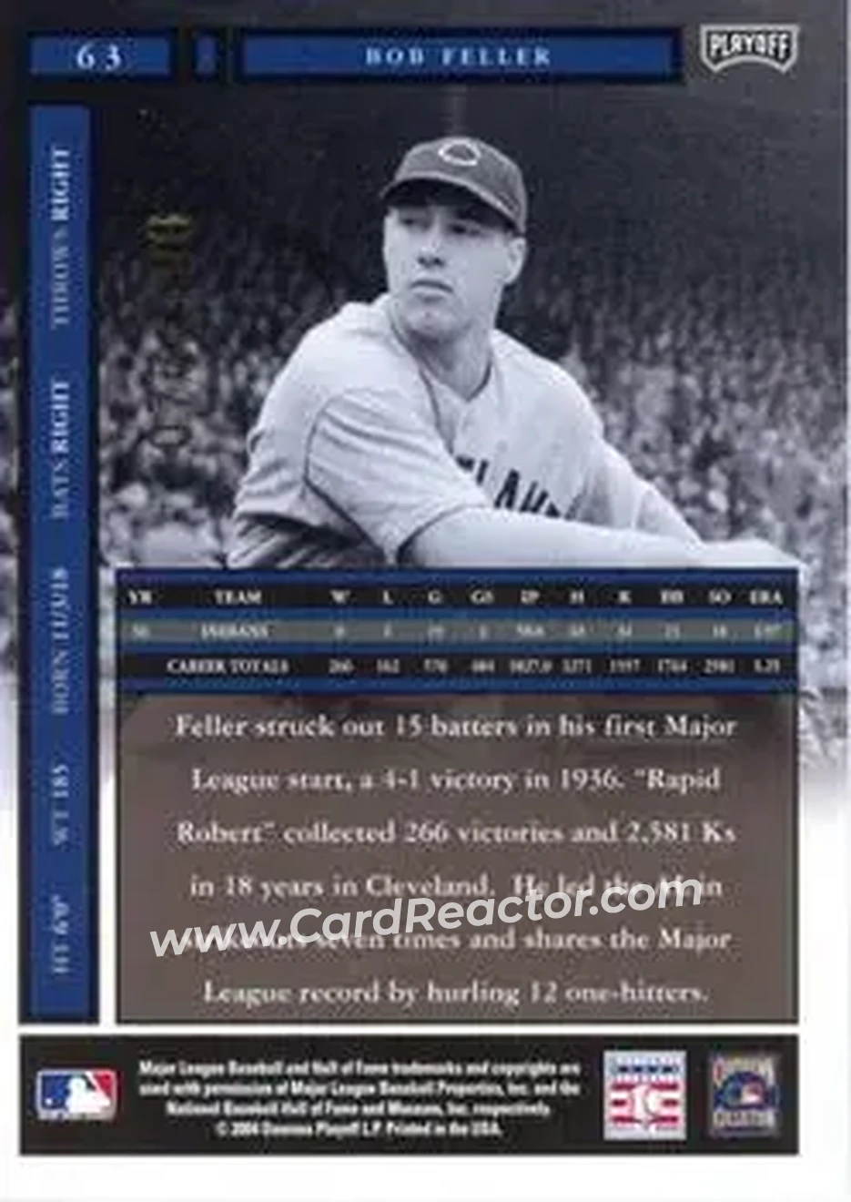 2004 Playoff Honors - Credits Bronze #63 - Bob Feller - Cleveland Indians - Back