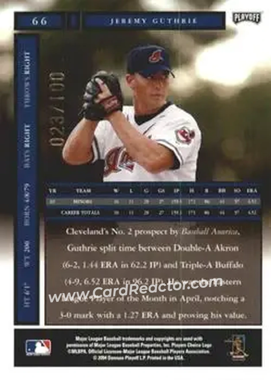 2004 Playoff Honors - Credits Bronze #66 - Jeremy Guthrie - Cleveland Indians - Back