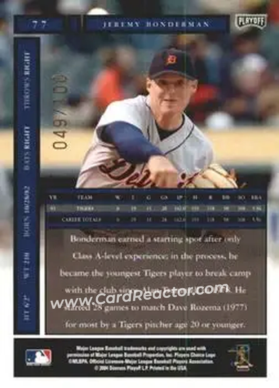 2004 Playoff Honors - Credits Bronze #77 - Jeremy Bonderman - Detroit Tigers - Back