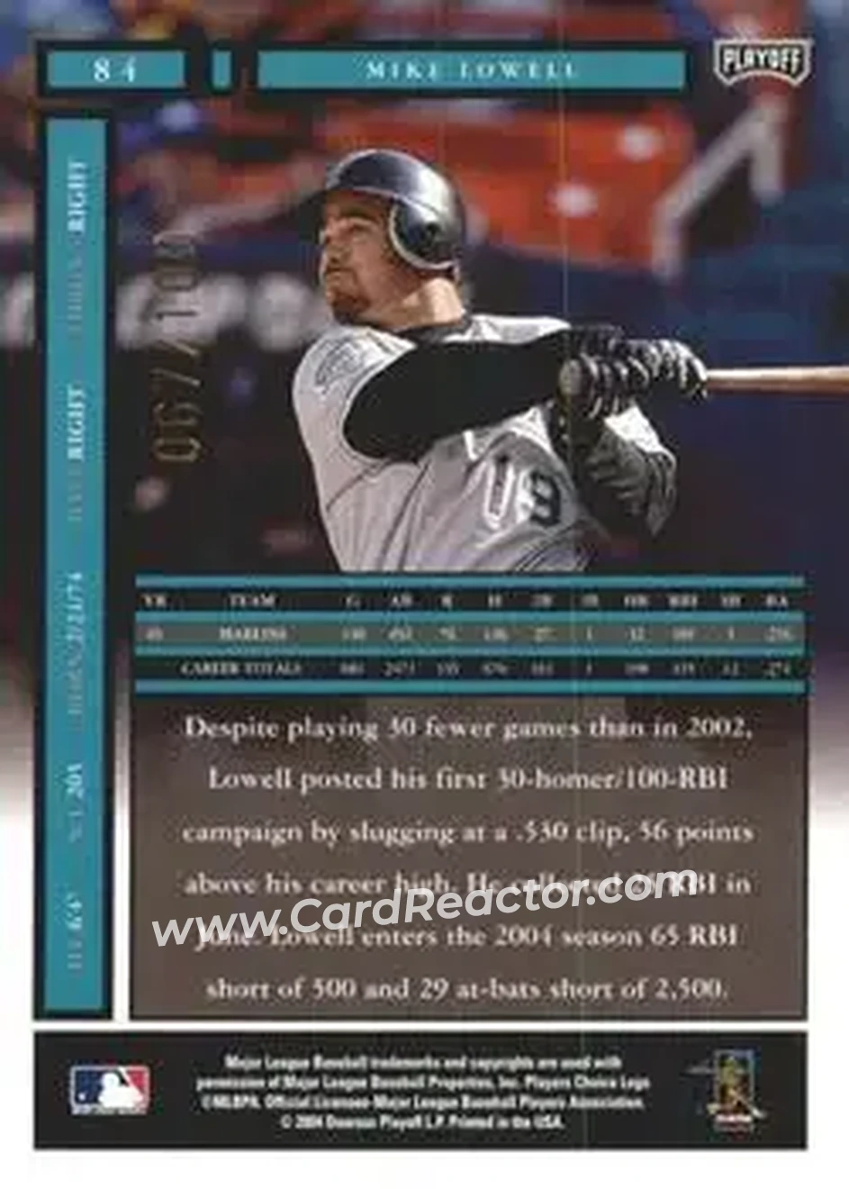 2004 Playoff Honors - Credits Bronze #84 - Mike Lowell - Florida Marlins - Back