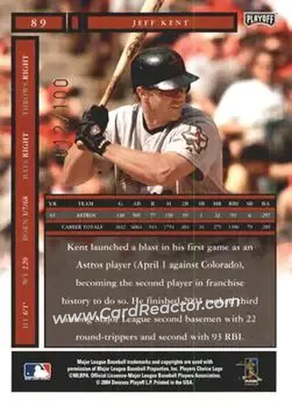 2004 Playoff Honors - Credits Bronze #89 - Jeff Kent - Houston Astros - Back