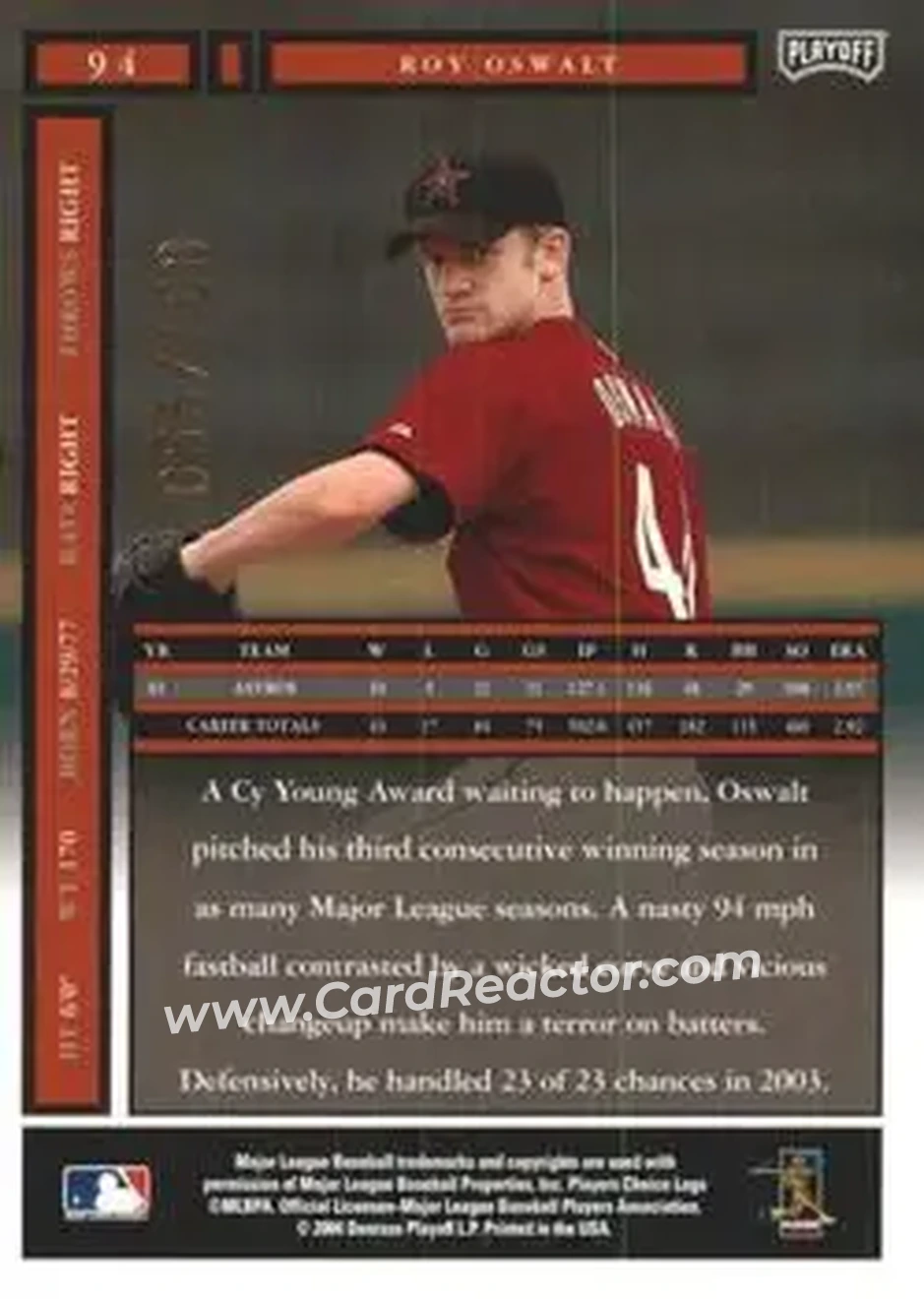 2004 Playoff Honors - Credits Bronze #94 - Roy Oswalt - Houston Astros - Back