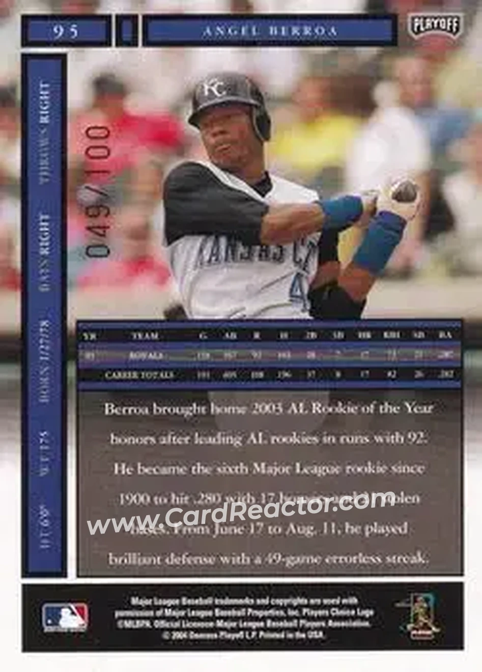 2004 Playoff Honors - Credits Bronze #95 - Angel Berroa - Kansas City Royals - Back