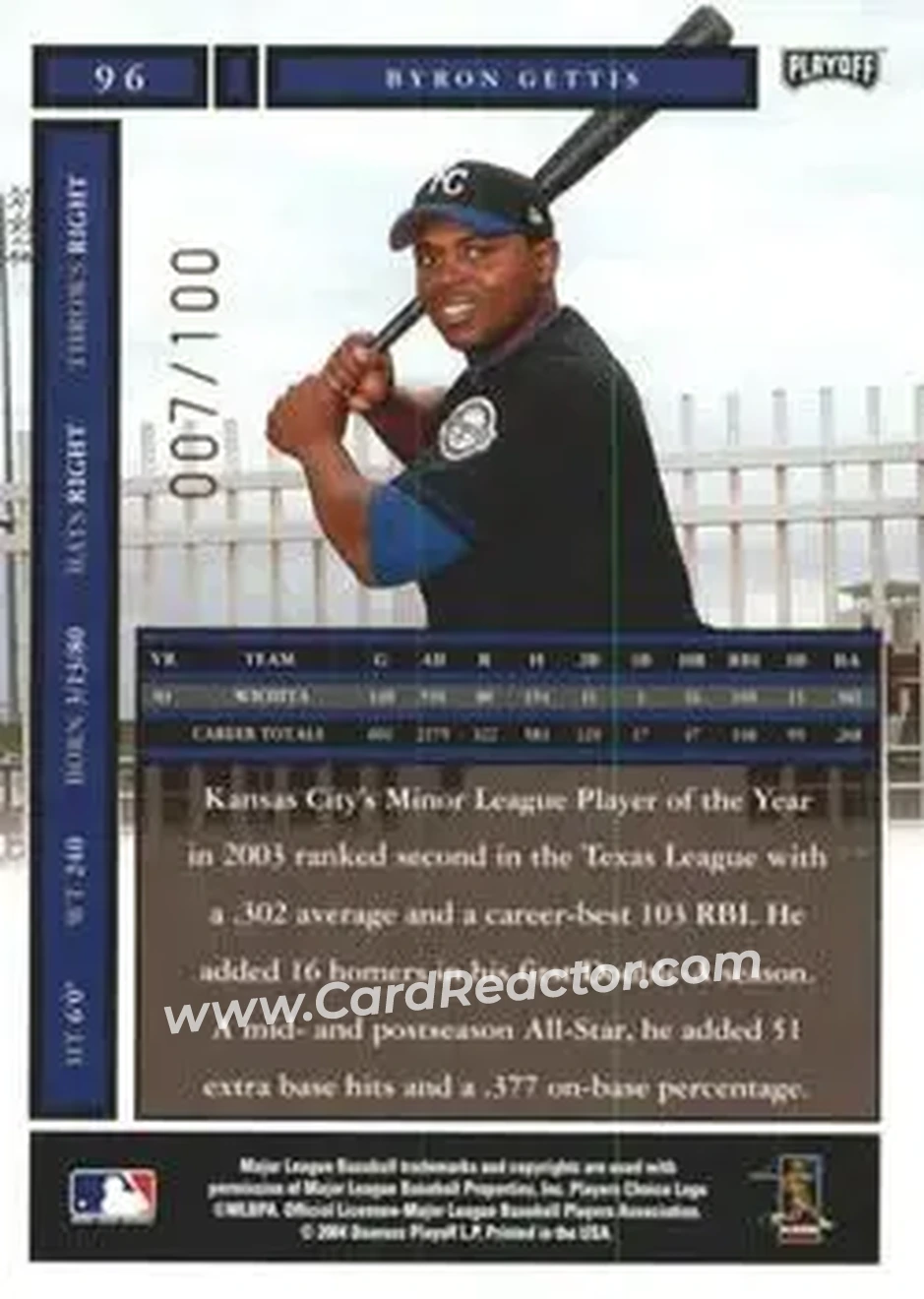 2004 Playoff Honors - Credits Bronze #96 - Byron Gettis - Kansas City Royals - Back 2004 Playoff Honors - Credits Bronze #96 - Byron Gettis - Kansas City Royals - Back