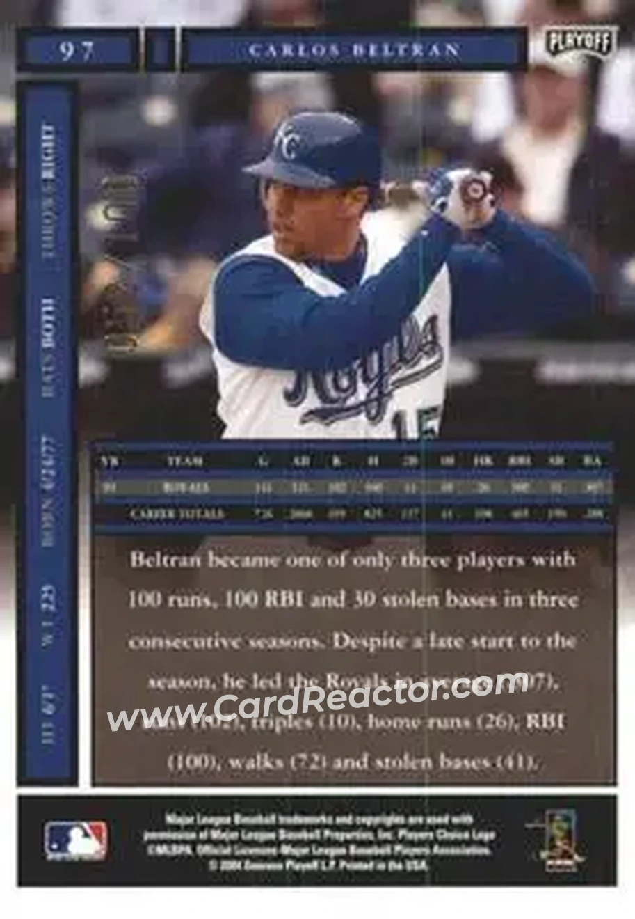 2004 Playoff Honors - Credits Bronze #97 - Carlos Beltran - Kansas City Royals - Back