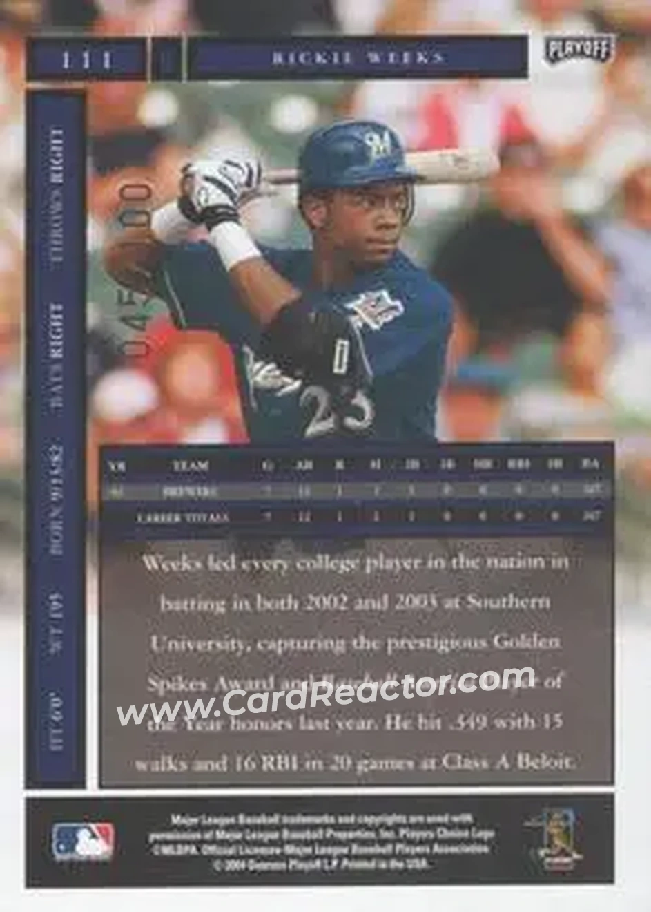 2004 Playoff Honors - Credits Bronze #111 - Rickie Weeks - Milwaukee Brewers - Back 2004 Playoff Honors - Credits Bronze #111 - Rickie Weeks - Milwaukee Brewers - Back