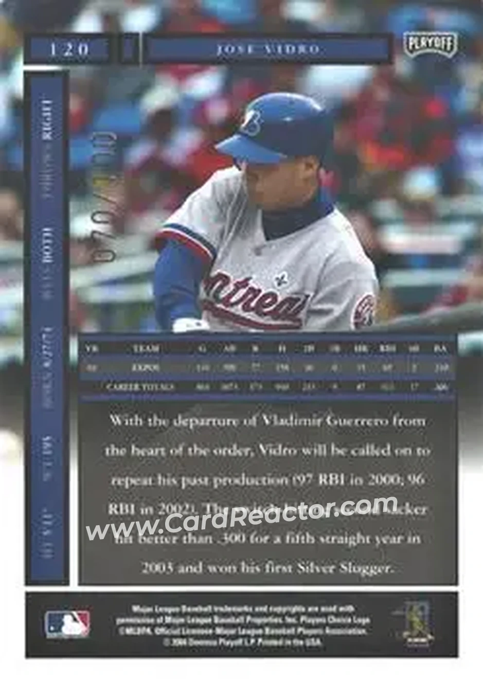 2004 Playoff Honors - Credits Bronze #120 - Jose Vidro - Montreal Expos - Back
