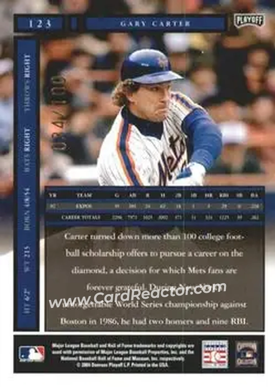 2004 Playoff Honors - Credits Bronze #123 - Gary Carter - New York Mets - Back