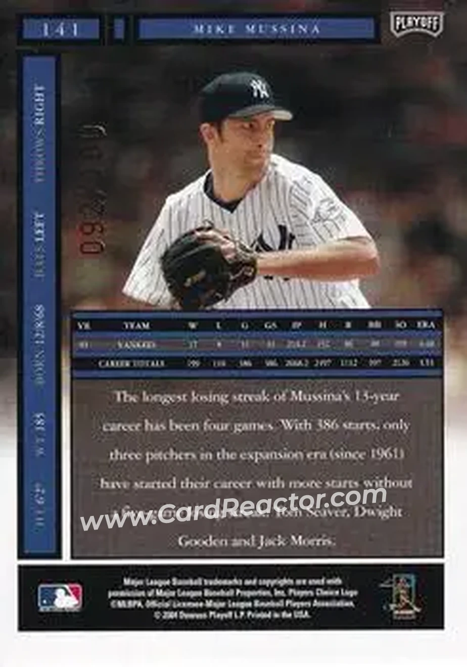 2004 Playoff Honors - Credits Bronze #141 - Mike Mussina - New York Yankees - Back