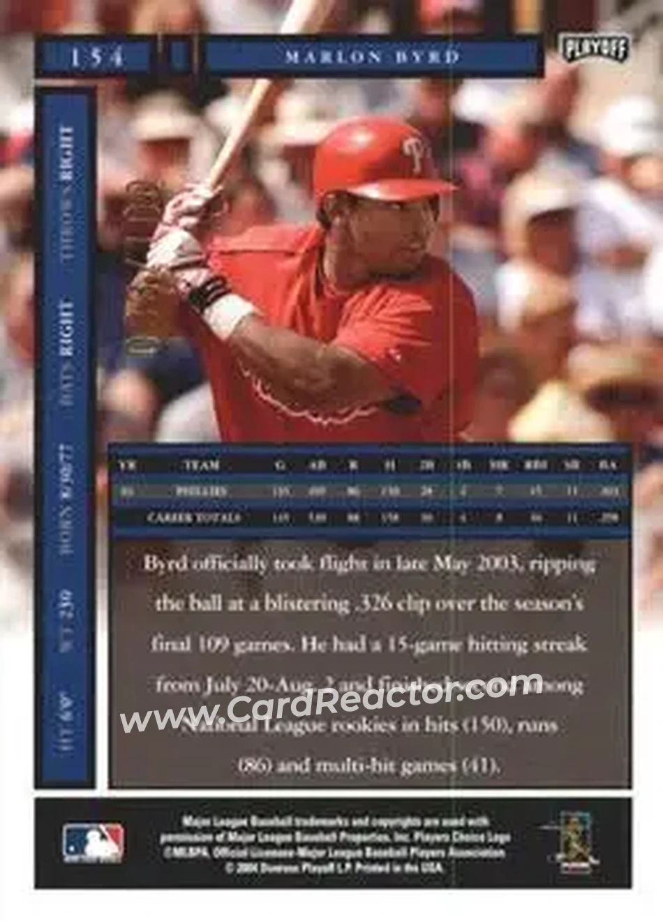 2004 Playoff Honors - Credits Bronze #154 - Marlon Byrd - Philadelphia Phillies - Back 2004 Playoff Honors - Credits Bronze #154 - Marlon Byrd - Philadelphia Phillies - Back