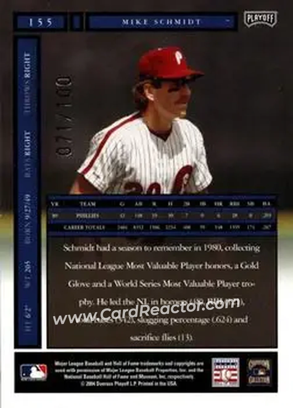 2004 Playoff Honors - Credits Bronze #155 - Mike Schmidt - Philadelphia Phillies - Back