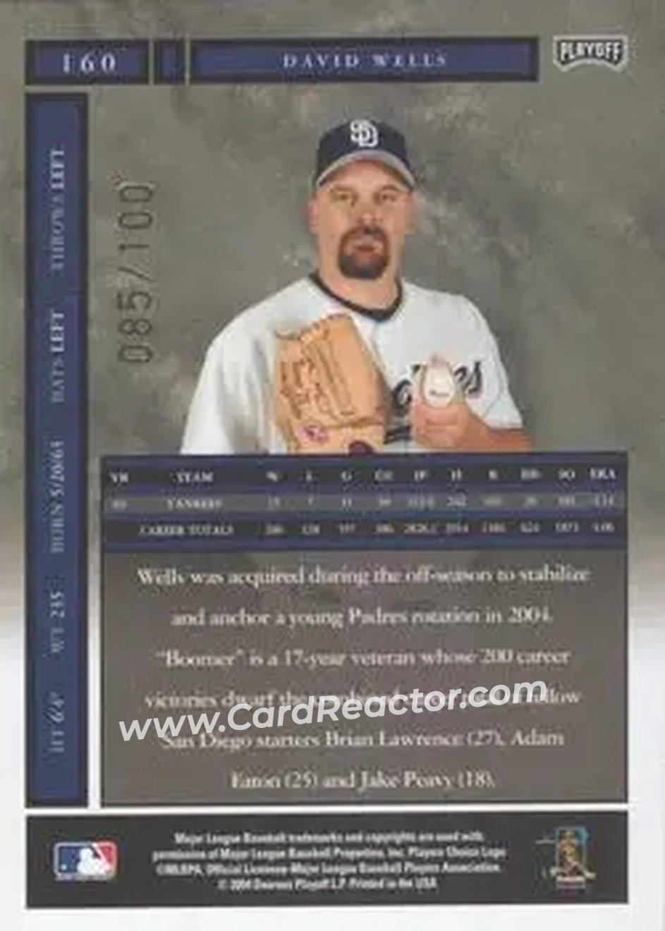 2004 Playoff Honors - Credits Bronze #160 - David Wells - San Diego Padres - Back
