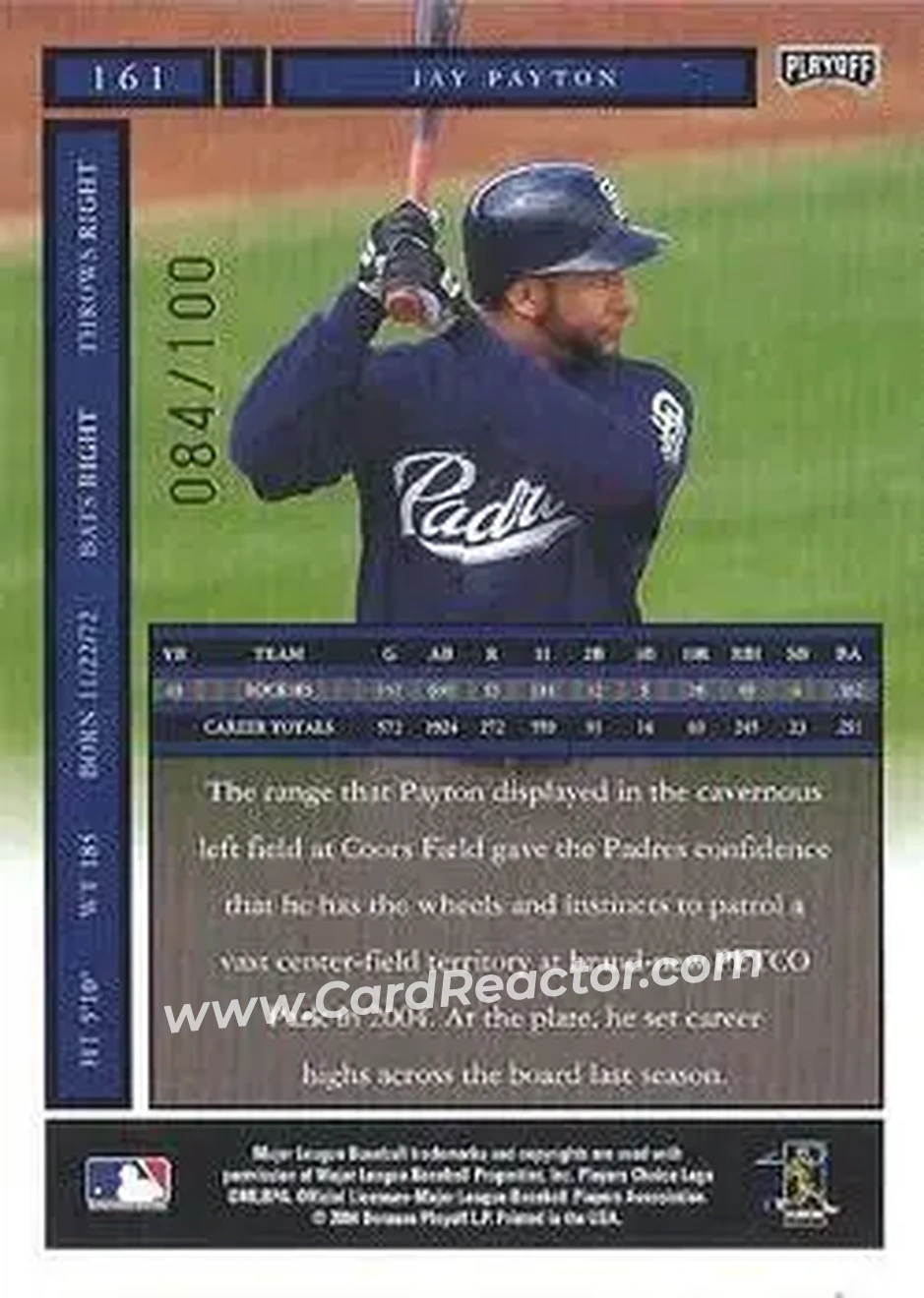 2004 Playoff Honors - Credits Bronze #161 - Jay Payton - San Diego Padres - Back