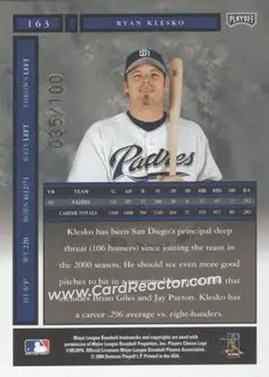 2004 Playoff Honors - Credits Bronze #163 - Ryan Klesko - San Diego Padres - Back 2004 Playoff Honors - Credits Bronze #163 - Ryan Klesko - San Diego Padres - Back
