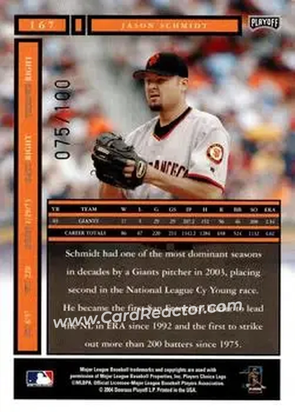 2004 Playoff Honors - Credits Bronze #167 - Jason Schmidt - San Francisco Giants - Back 2004 Playoff Honors - Credits Bronze #167 - Jason Schmidt - San Francisco Giants - Back