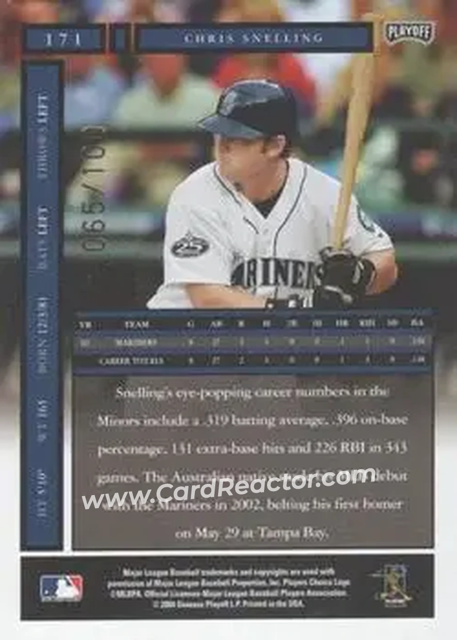 2004 Playoff Honors - Credits Bronze #171 - Chris Snelling - Seattle Mariners - Back 2004 Playoff Honors - Credits Bronze #171 - Chris Snelling - Seattle Mariners - Back
