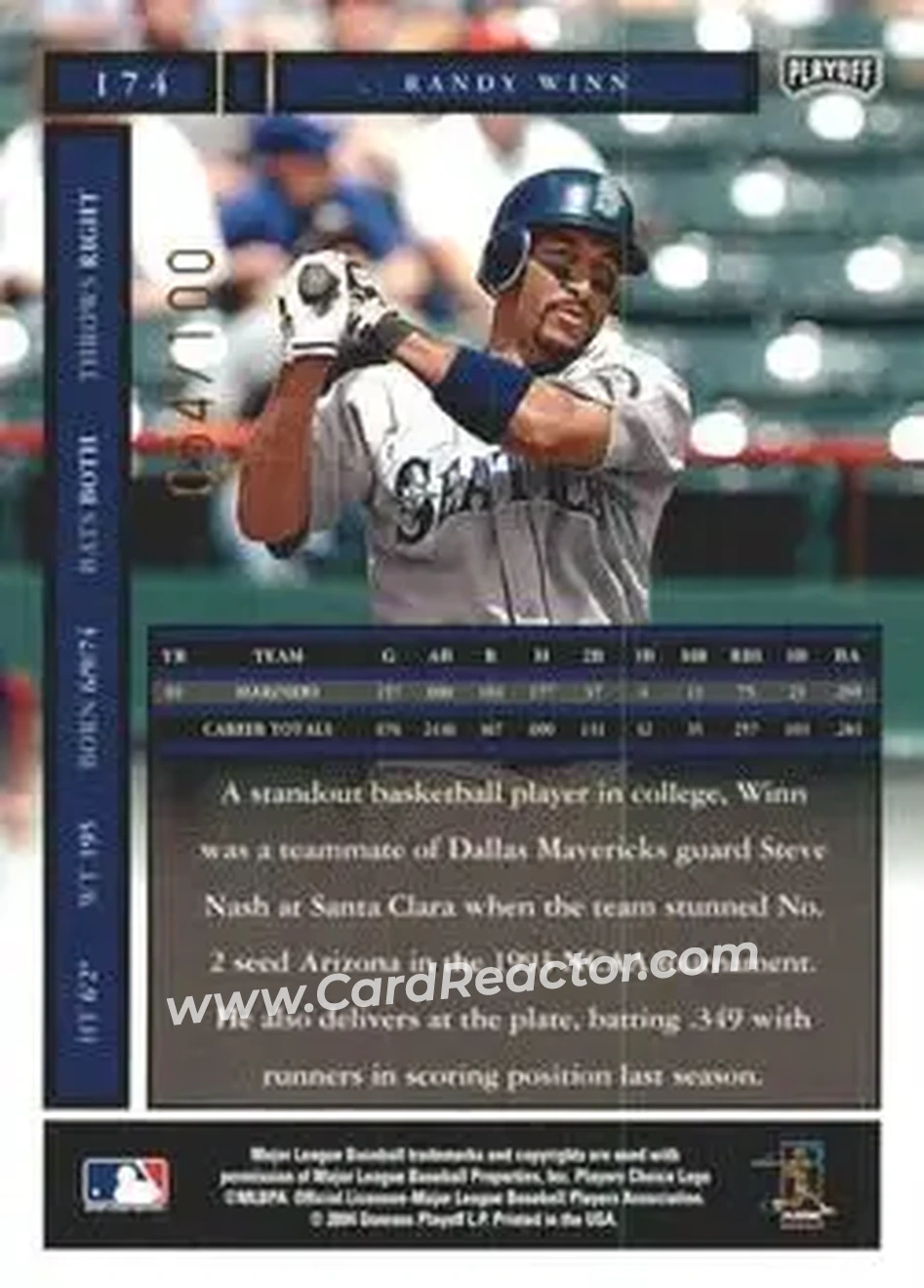 2004 Playoff Honors - Credits Bronze #174 - Randy Winn - Seattle Mariners - Back
