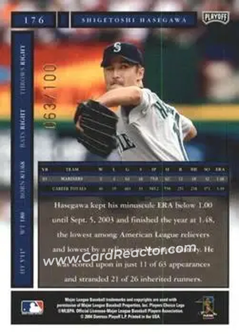 2004 Playoff Honors - Credits Bronze #176 - Shigetoshi Hasegawa - Seattle Mariners - Back