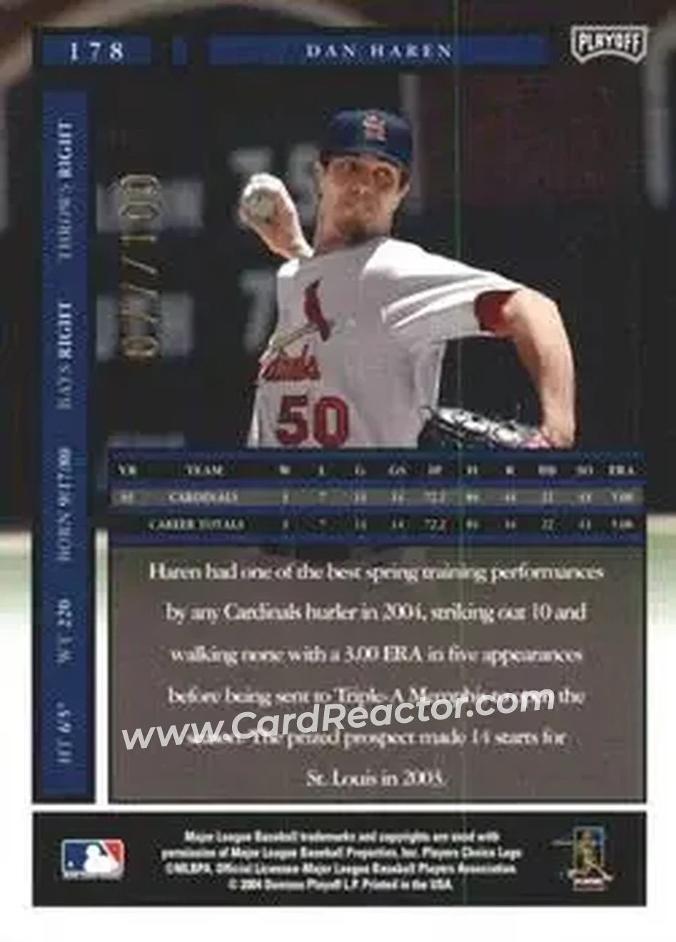 2004 Playoff Honors - Credits Bronze #178 - Dan Haren - St. Louis Cardinals - Back