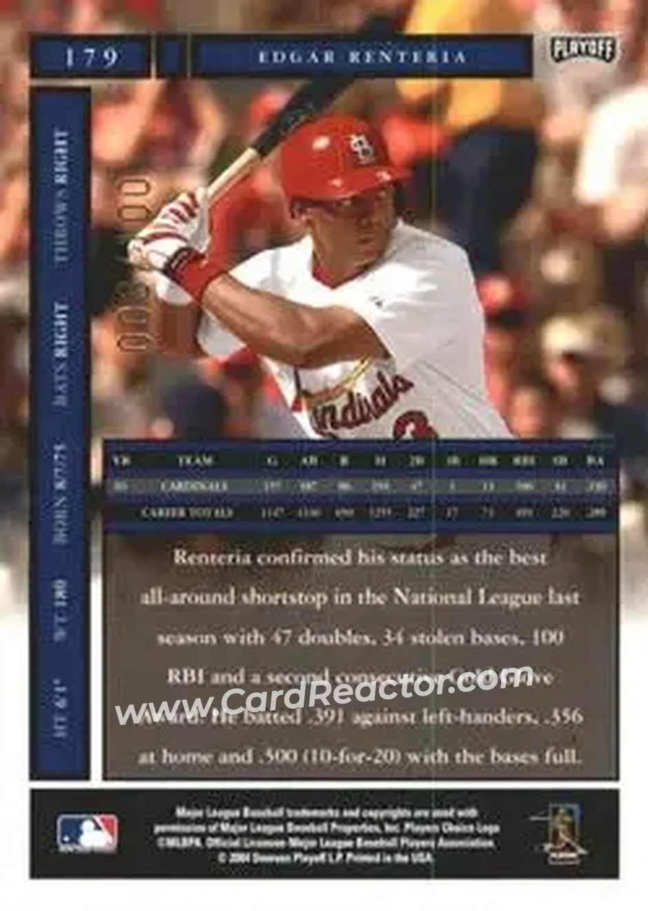 2004 Playoff Honors - Credits Bronze #179 - Edgar Renteria - St. Louis Cardinals - Back