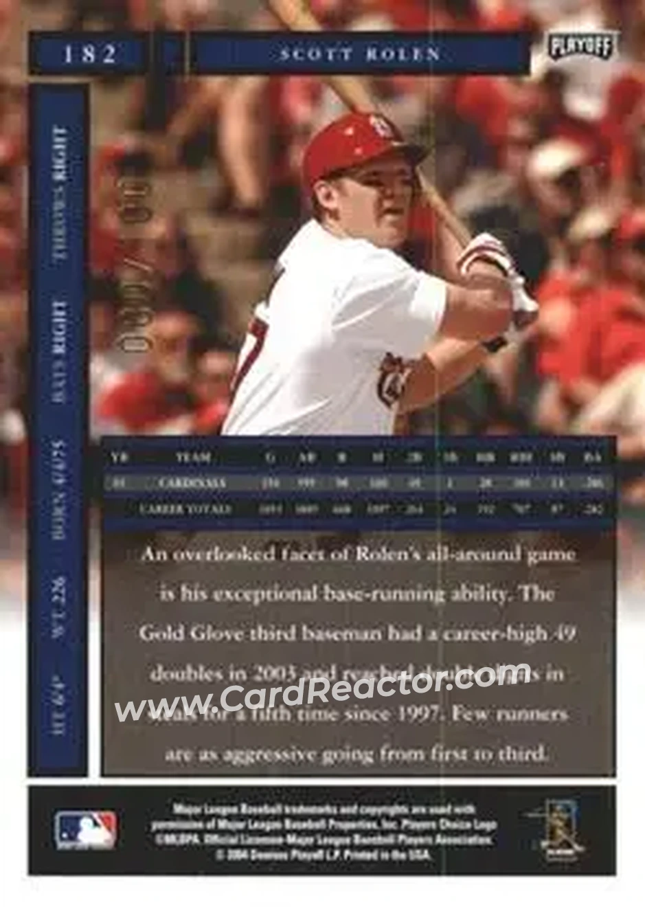 2004 Playoff Honors - Credits Bronze #182 - Scott Rolen - St. Louis Cardinals - Back