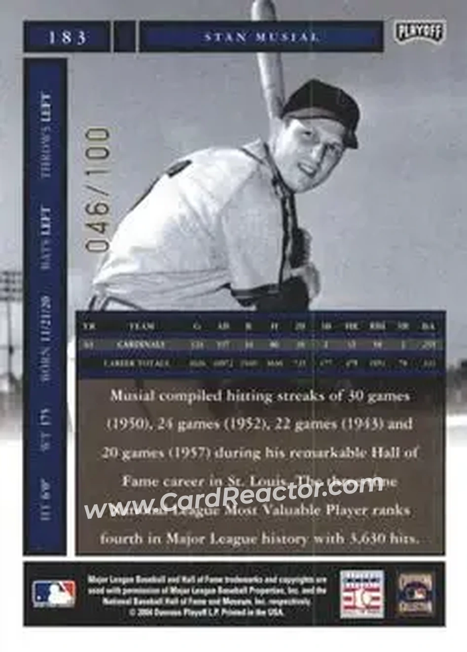 2004 Playoff Honors - Credits Bronze #183 - Stan Musial - St. Louis Cardinals - Back